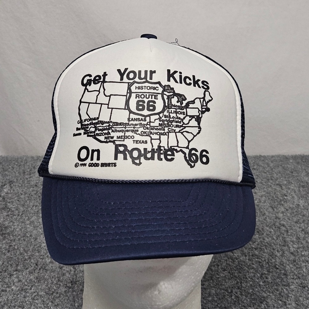 Vintage Route 66 Map Trucker Hat Mens Navy Blue Snapback Mesh Cap 90s Americana